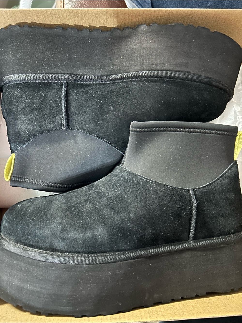 UGG Black Suede Platform Ankle Boots with Yellow Heel Tab